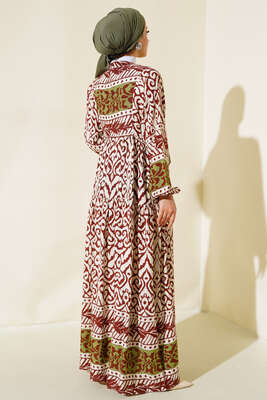 Desenli Yarım Düğmeli Elbise Kahve - Elbise