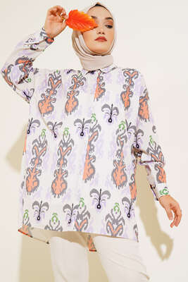 Dijital Baskılı Gömlek Ekru Lila 