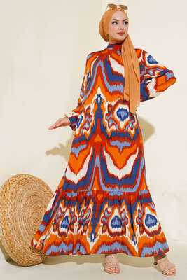 Dik Yaka Desenli Elbise Taba - Elbise