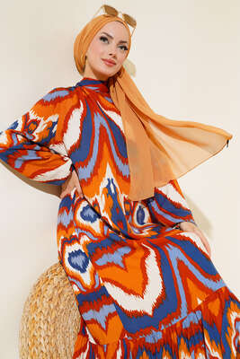 Dik Yaka Desenli Elbise Taba - Elbise