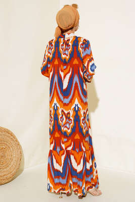 Dik Yaka Desenli Elbise Taba - Elbise