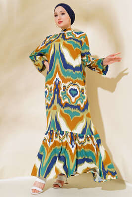 Dik Yaka Desenli Elbise Yeşil 