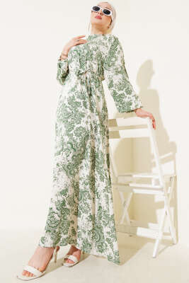 Dik Yaka Desenli Elbise Yeşil