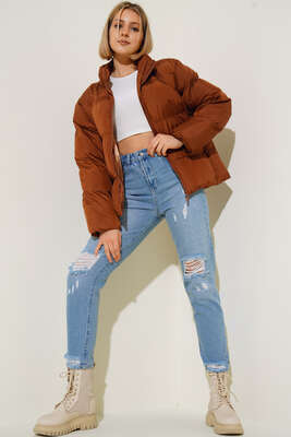 Dik Yaka Kısa Şişme Mont Kiremit - Kadın Giyim Modelleri