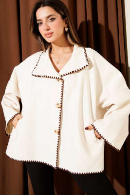 Dikiş Detaylı Düğmeli Kaşe Panço Bej - LUSTRİN