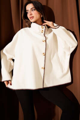 Dikiş Detaylı Düğmeli Kaşe Panço Bej - Kadın Giyim Modelleri