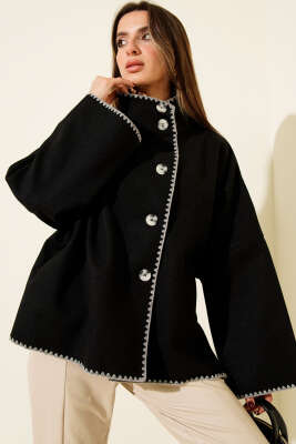 Dikiş Detaylı Düğmeli Kaşe Panço Siyah - LUSTRİN