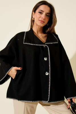 Dikiş Detaylı Düğmeli Kaşe Panço Siyah - Kadın Giyim Modelleri