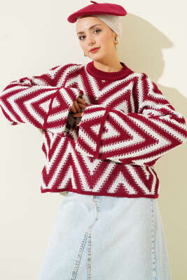 Duble Kol Zikzak Desen Triko Kazak Bordo - NOVALÜX