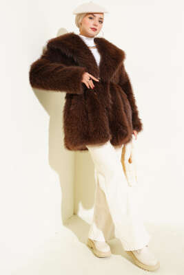 Geniş Yaka Kürklü Mont Kahve - Mont