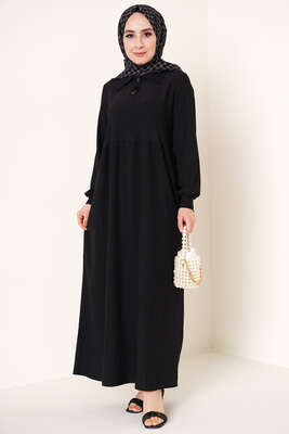 Düğme Yakalı Bürümacük Elbise Siyah