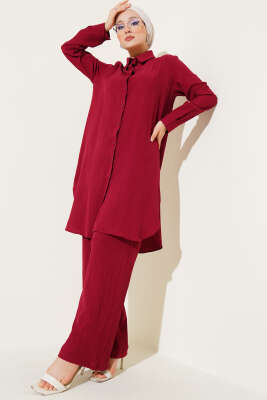 Düğmeli Ağaç Kabuğu İkili Takım Bordo 