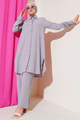 Düğmeli Ağaç Kabuğu İkili Takım Gri 