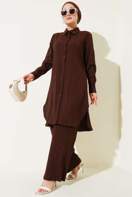 Düğmeli Ağaç Kabuğu İkili Takım Kahve 