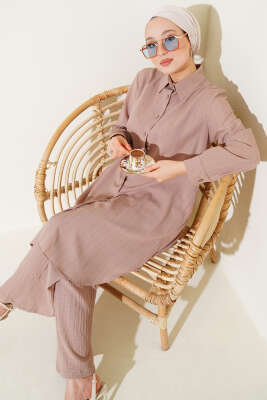 Düğmeli Ağaç Kabuğu İkili Takım Latte 