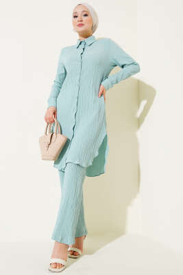 Düğmeli Ağaç Kabuğu İkili Takım Mint Yeşili 