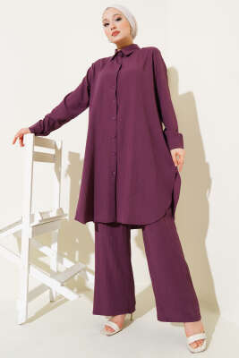 Düğmeli Ağaç Kabuğu İkili Takım Mürdüm 