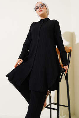 Düğmeli Ağaç Kabuğu İkili Takım Siyah 