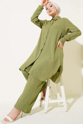 Düğmeli Ağaç Kabuğu İkili Takım Yeşil - İkili Takım