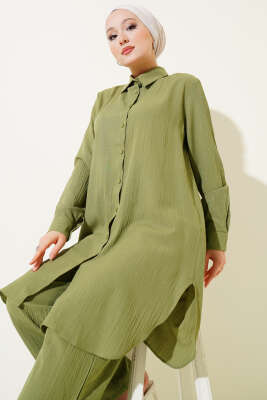 Düğmeli Ağaç Kabuğu İkili Takım Yeşil - İkili Takım