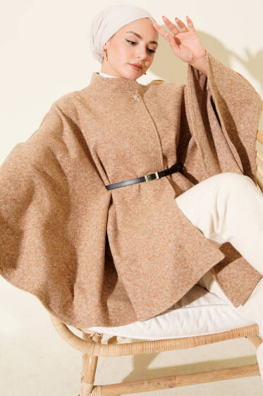 Düğmeli Dik Yaka Kemerli Kaşe Panço Latte - Panço