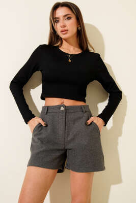 Düğmeli Kısa Kaşe Pantolon Gri - CALİENTE