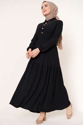Düğmeli Kuşaklı Bürümcük Elbise Siyah