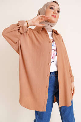Düğmeli Salaş Bürümcük Gömlek Latte
