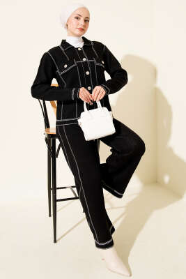 Düğmeli Şerit Detaylı Triko İkili Takım Siyah