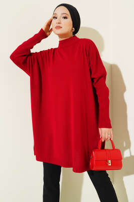 Düşük Kol Detaylı Triko Tunik Kırmızı 