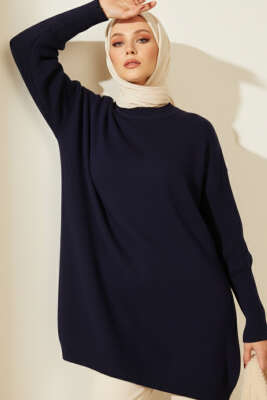 Düşük Kol Detaylı Triko Tunik Lacivert 