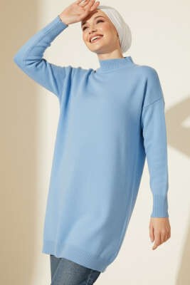 Düşük Kol Detaylı Triko Tunik Mavi 
