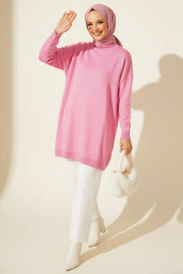 Düşük Kol Detaylı Triko Tunik Pembe 