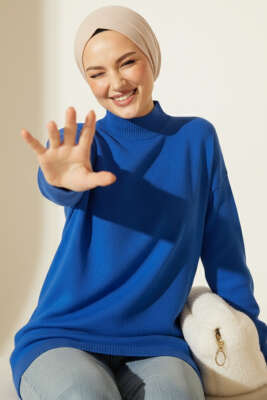 Düşük Kol Detaylı Triko Tunik Saks 