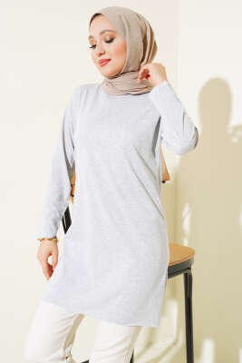 Düz Uzun Kol Tunik Gri 