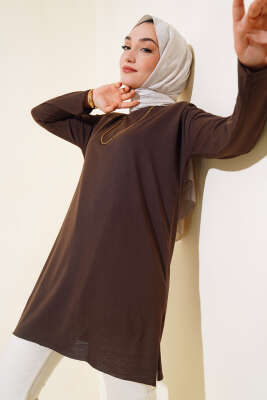 Düz Uzun Kol Tunik Kahve 