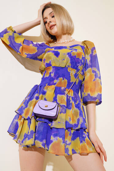 Ebru Desen Bel Büzgülü Fırfırlı Elbise Mor - Yeni Giyim