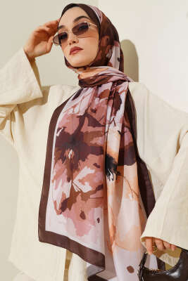 Ebruli Çiçek Desen Soft Şal Acı Kahve 