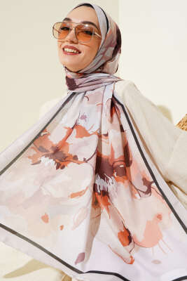 Ebruli Çiçek Desen Soft Şal Bej 