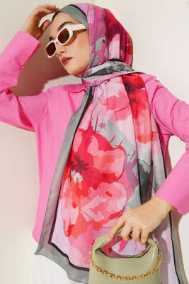 Ebruli Çiçek Desen Soft Şal Çağla Yeşili 