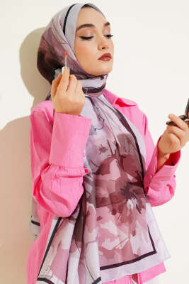 Ebruli Çiçek Desen Soft Şal Gri - Başörtüsü