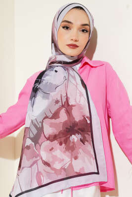 Ebruli Çiçek Desen Soft Şal Gri - Başörtüsü