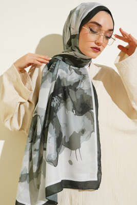 Ebruli Çiçek Desen Soft Şal Haki 