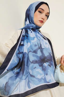 Ebruli Çiçek Desen Soft Şal İndigo 