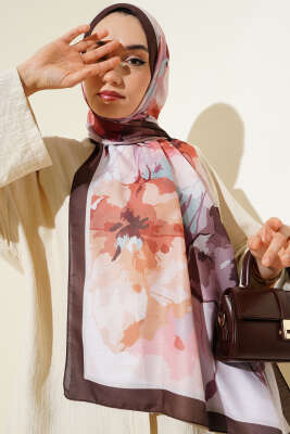 Ebruli Çiçek Desen Soft Şal Kestane 