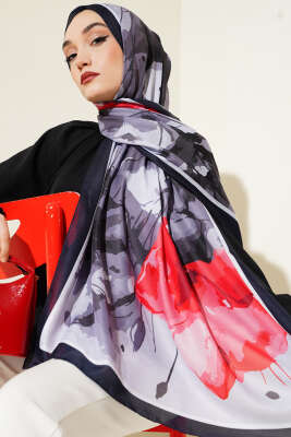 Ebruli Çiçek Desen Soft Şal Lacivert 