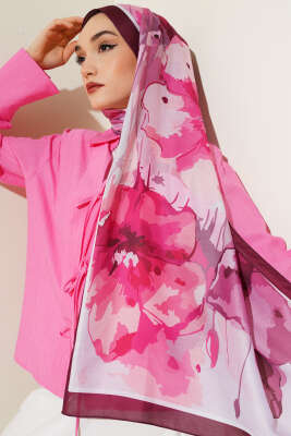 Ebruli Çiçek Desen Soft Şal Mürdüm