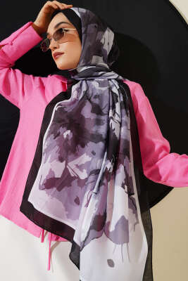 Ebruli Çiçek Desen Soft Şal Siyah 