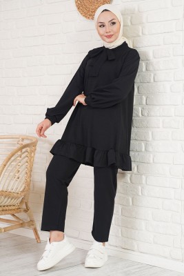 Yakası Fularlı Siyah İkili Takım