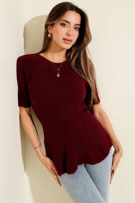 Eteği Volanlı Kısa Kol Triko Bluz Bordo 